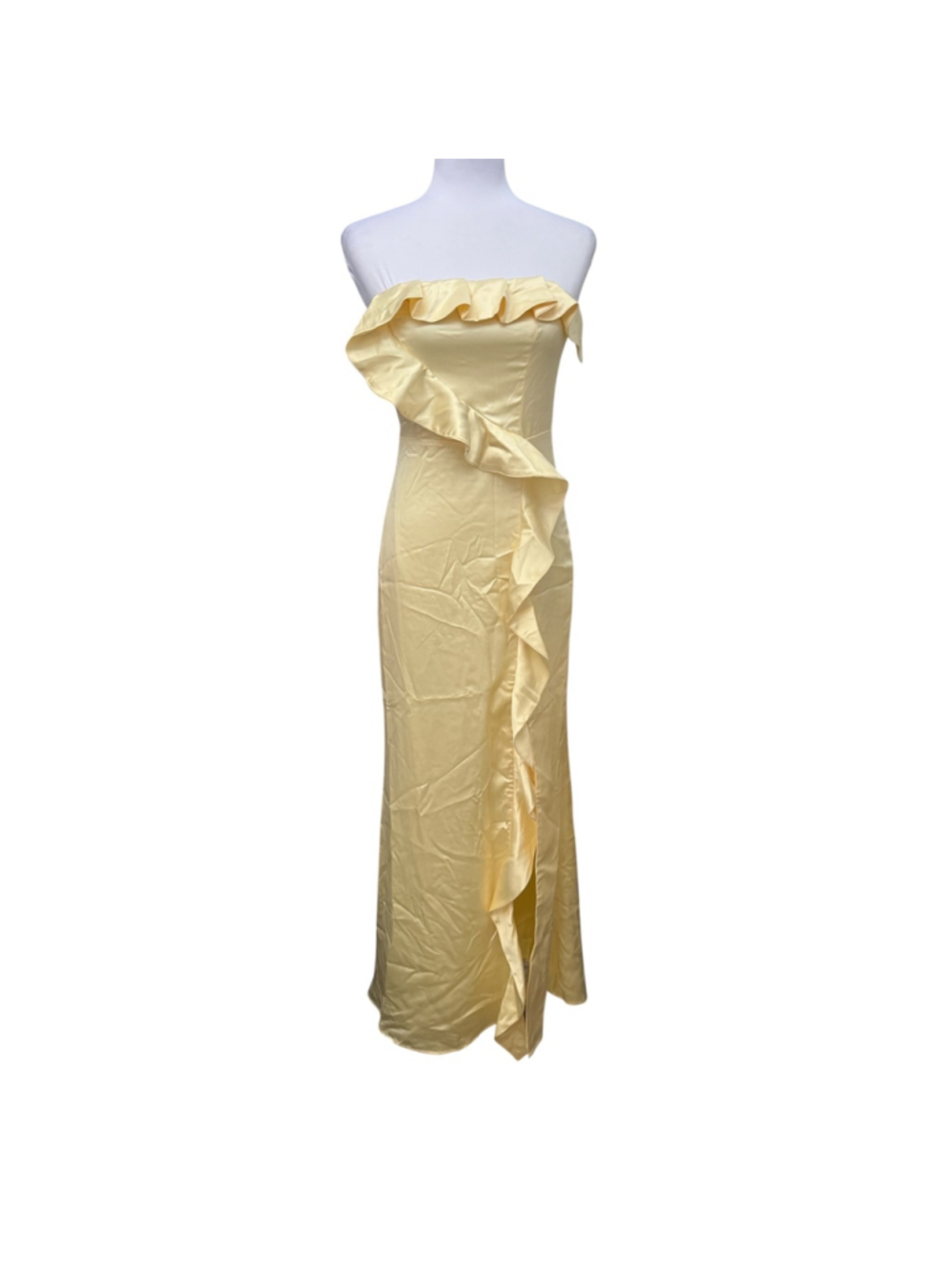 Lulus Yellow Satin Strapless Ruffle Maxi Dress Women’s Small NWT Formal Gown - Picture 2 of 4